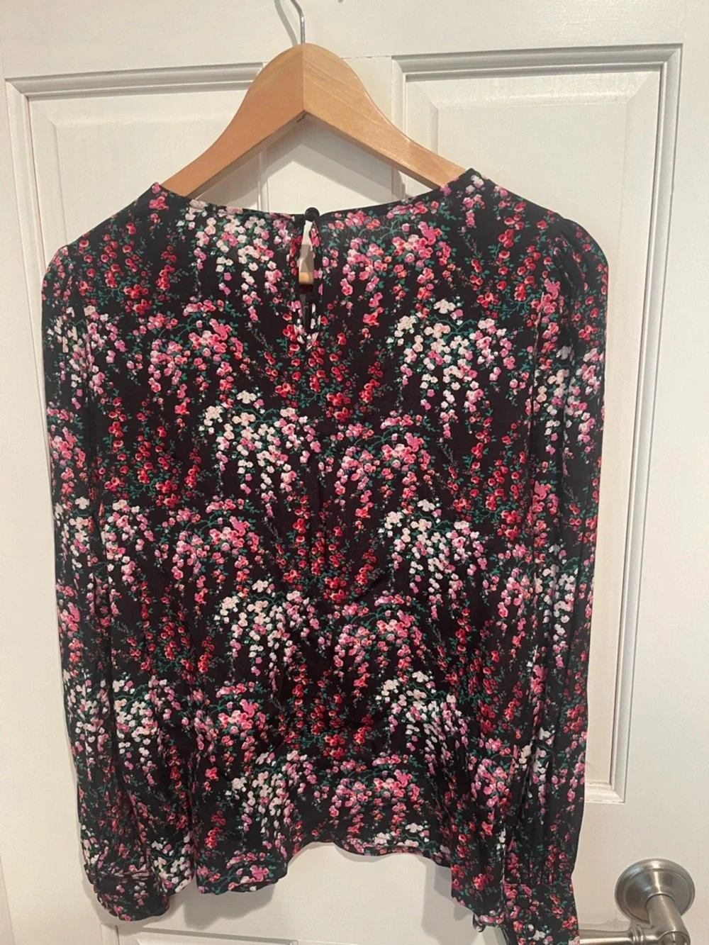 J. Crew Black Floral Long-Sleeve Blouse with Pink and Red Blossoms